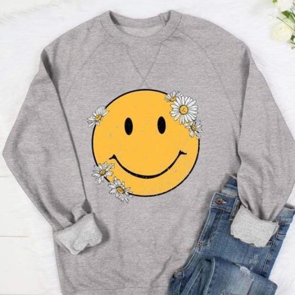 Colorbear Tops - Heather Grey Smile Face Daisy Sweatshirt